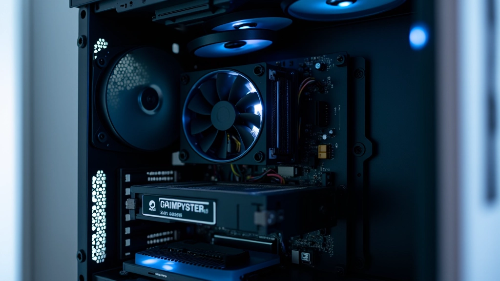Componentes internos de computador — processador, placa-mãe, ventiladores e memória RAM visíveis