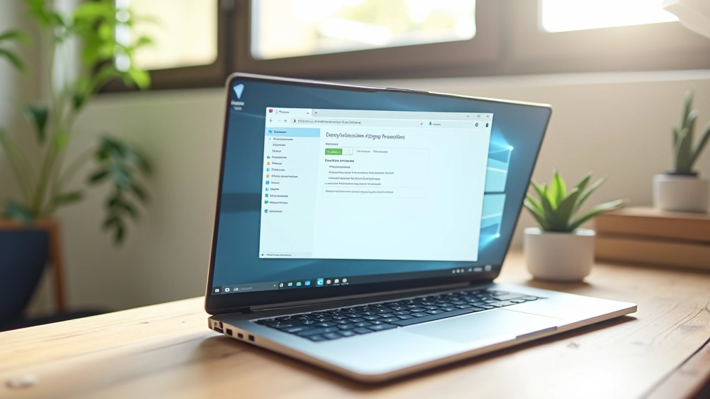 Computador portátil aberto numa secretária com janela de sistema aberta mostrando informações de hardware