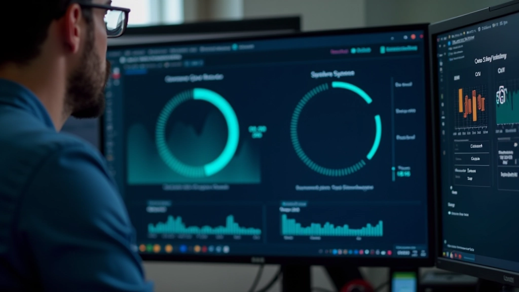 Gráfico de monitorização de CPU, RAM e utilização de disco com cores indicadoras de carga do sistema