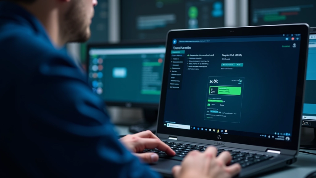 Profissional a testar bateria de portátil usando software especializado, mostrando relatório de degradação e capacidade