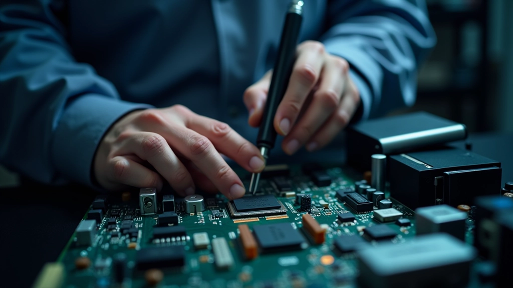 Técnico examinando componentes internos de um computador em bancada de trabalho