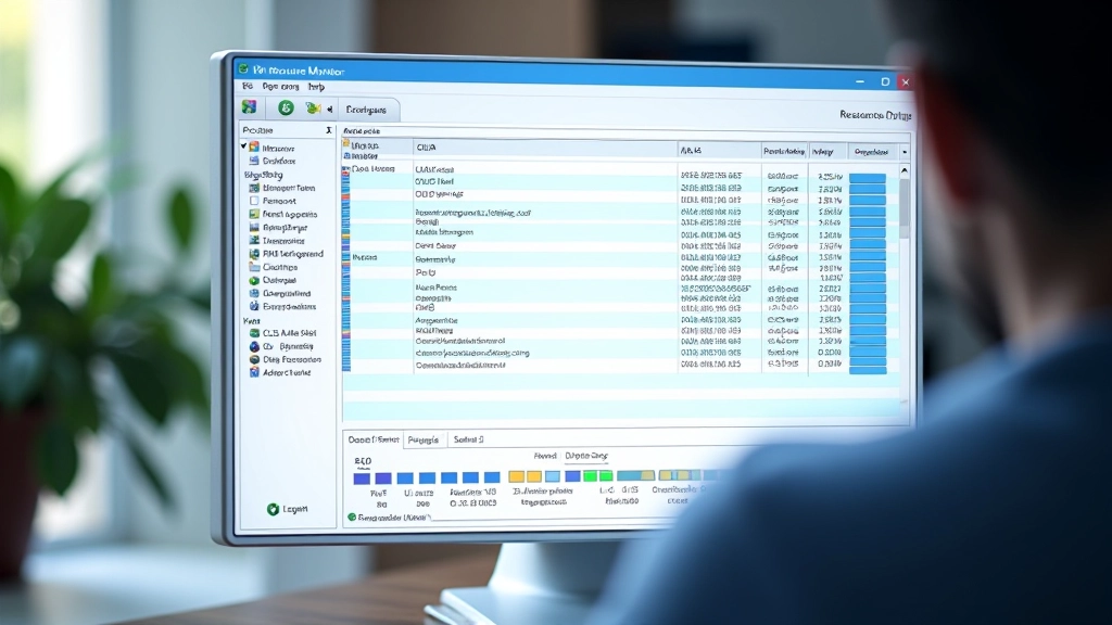 Janela do Monitor de Recursos mostrando processos ativos com uso de CPU, memória, disco e rede detalhados por aplicação